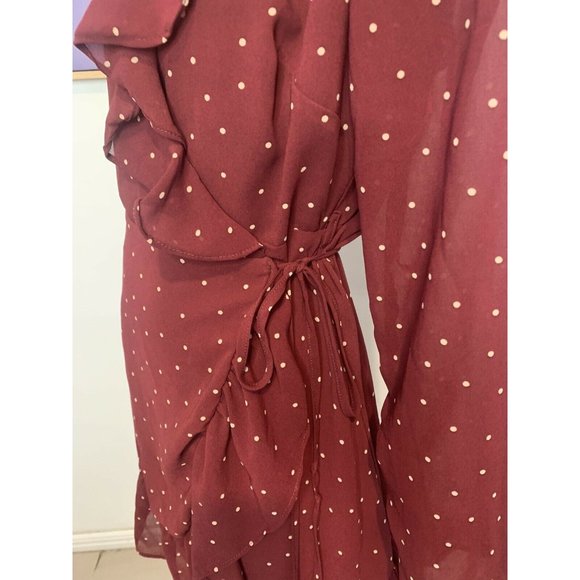 LA VIE BOHEME Burgundy Polka Dot Long Sleeve Frill Wrap Dress Sz 6 - Picture 6 of 9